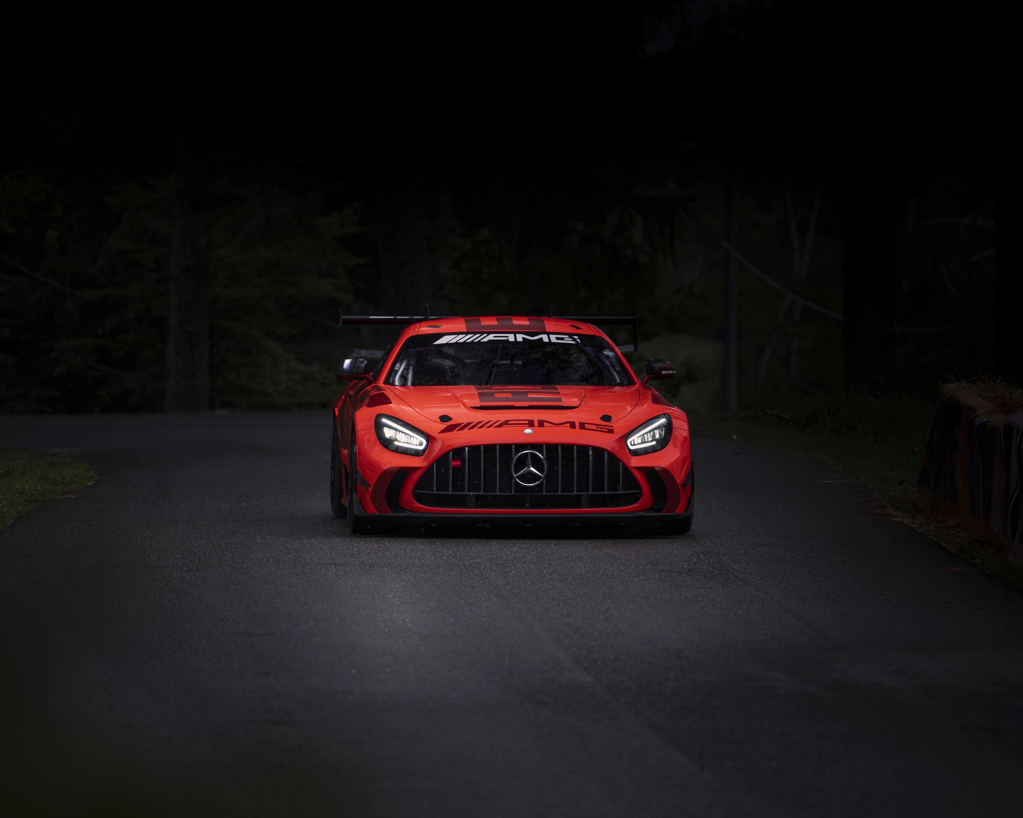 AMG rossa su una strada nel bosco